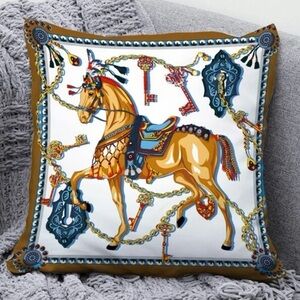 Pillow Cover Carousel Horse Print Large Square 17.7 in Gold Blue Multicolor